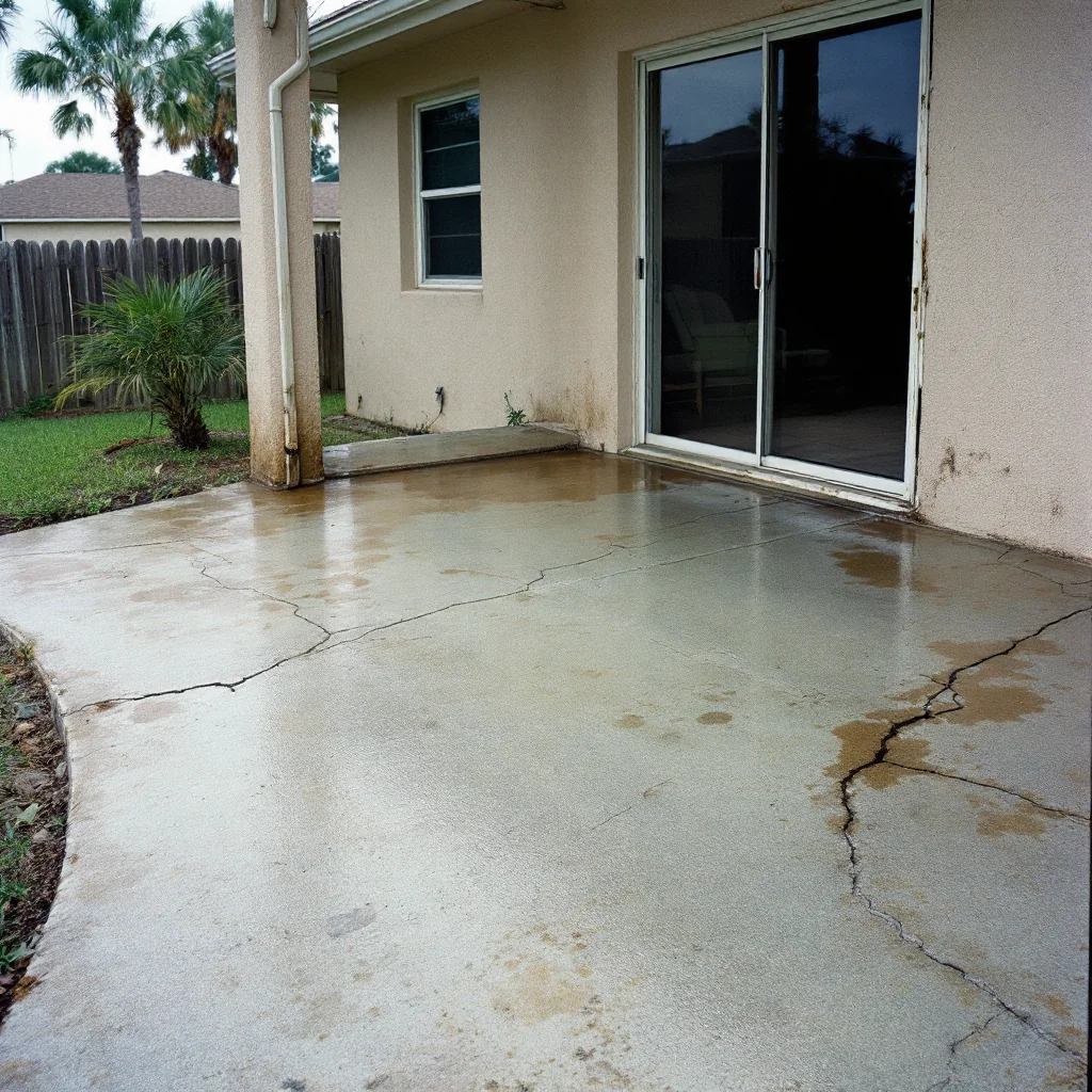 Before: stained and discolored concrete patio